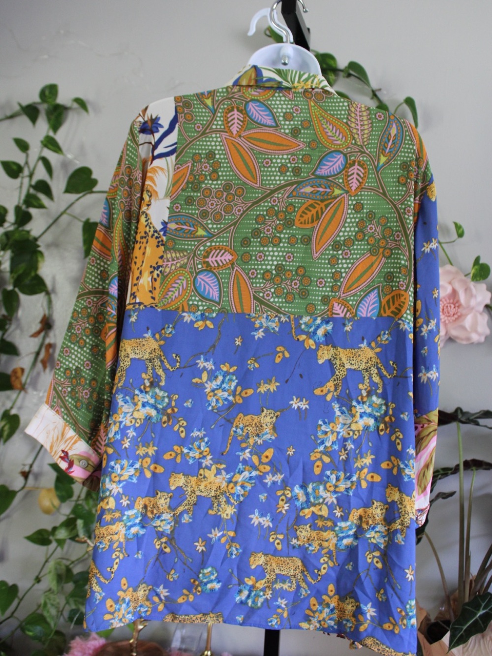 Rose + Olive 1X Patchwork Leopard Tropical Print Oversized Button Down Shirt - Picture 7 of 12